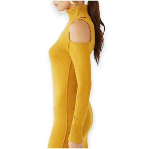 Forever 21 Mustard Turtleneck Distressed Sweater Open Shoulder Dress Size m. EU - Picture 3 of 11